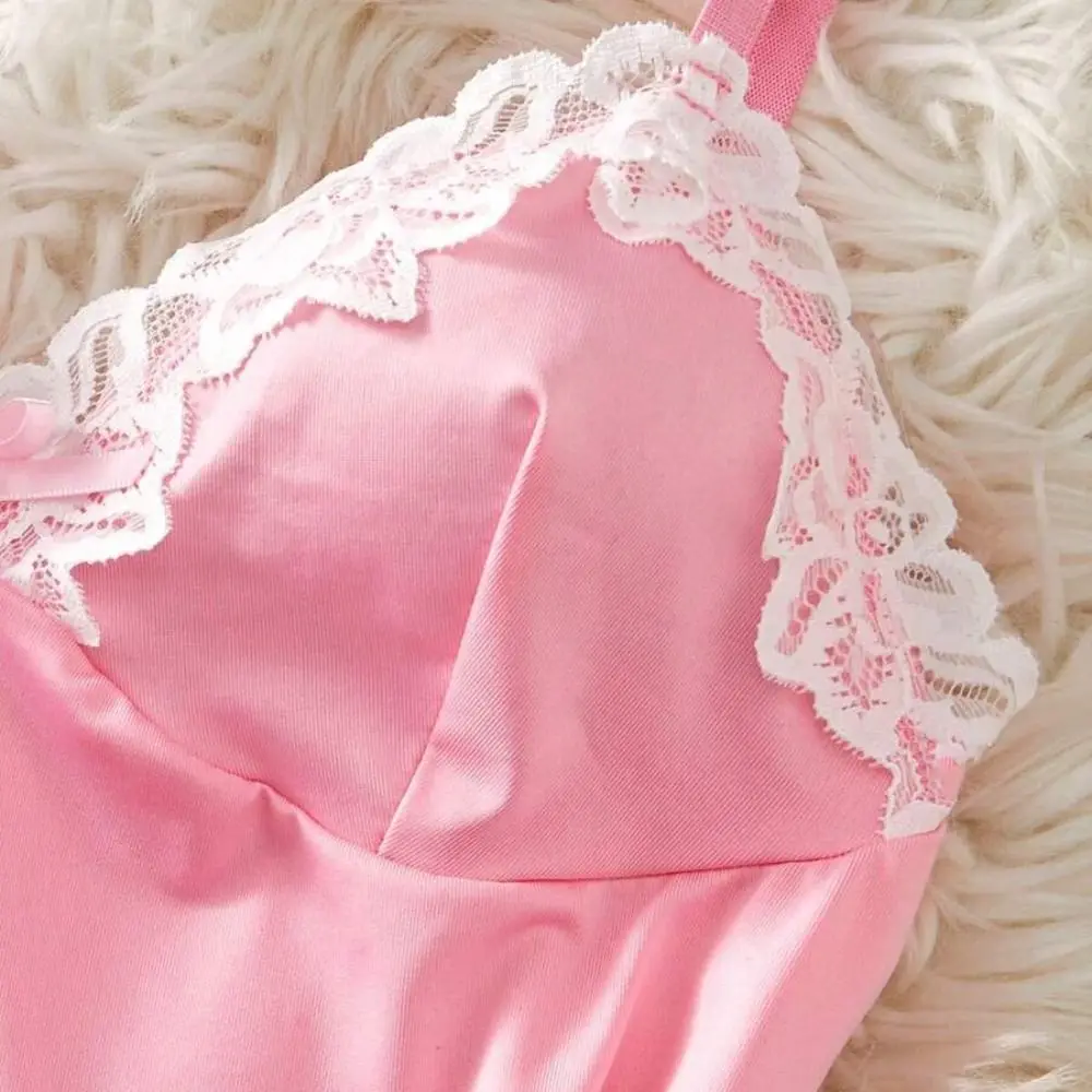 

Fork Design Women's Pajama Dress with Underpants Thin Lace Suspender Nightgown Solid Color Party Dress Slim Sling Nightdress