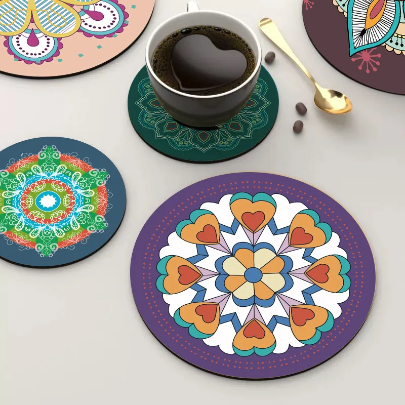 6Pcs Mandala Printed Round Placemats Water Absorbing Diatom Mud Insulation Cup Coasters Bohemian Dining Table Tableware Mat