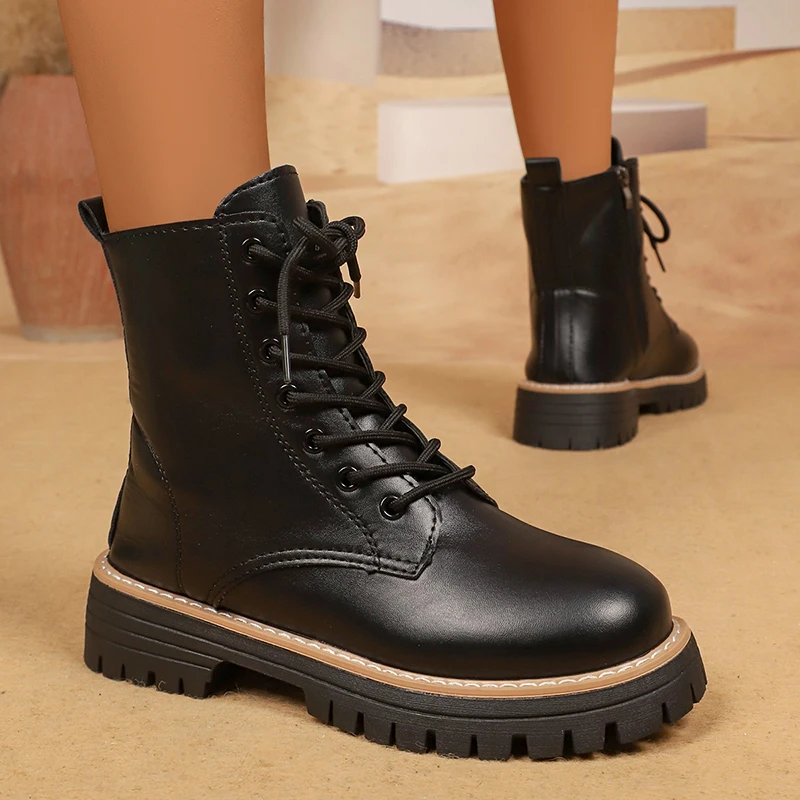 Damenmode Schwarze Plateau-Stiefeletten Dicke Sohle Rutschfeste Kampfstiefel für Frauen 2025, Herbst Winter PU-Leder Botas Mujer
