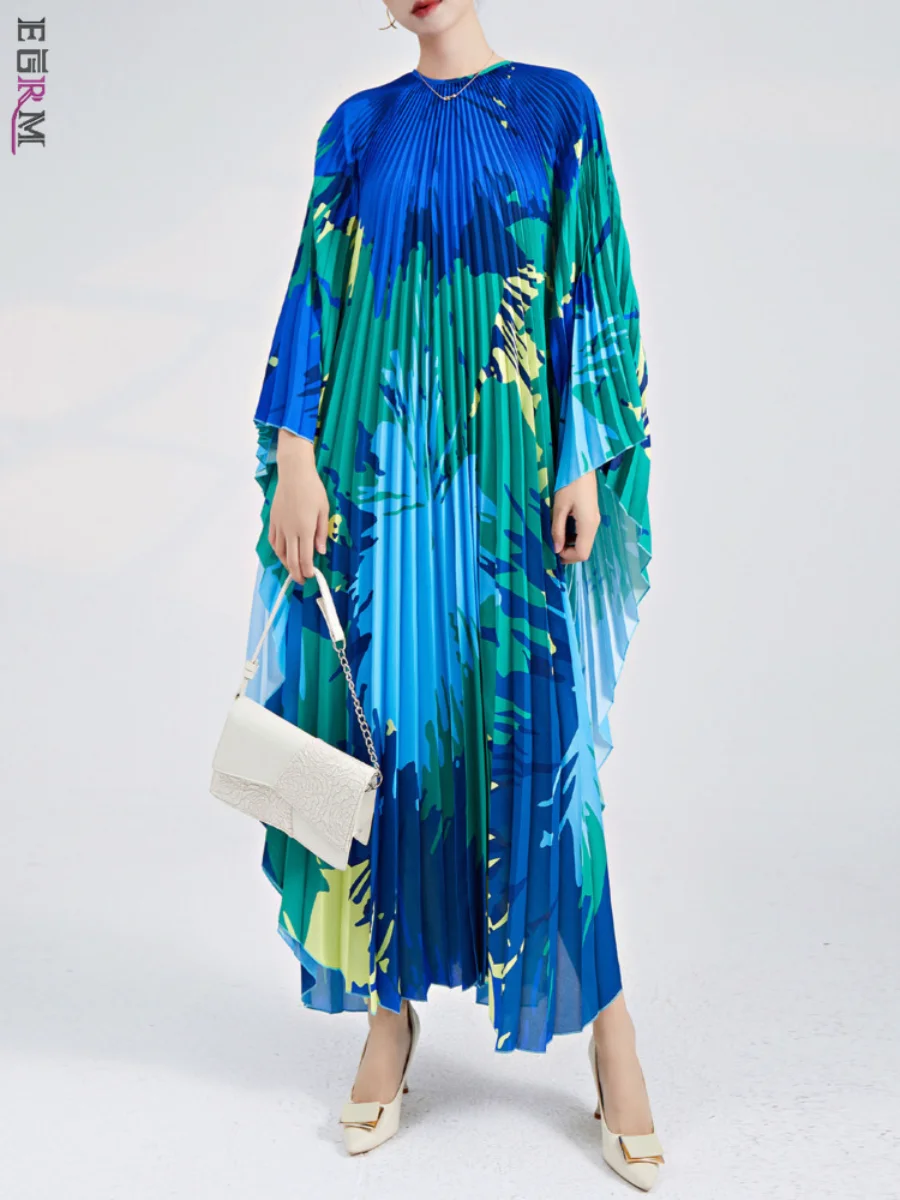 

EGRM Miyake Pleated Printed Batwing Sleeves Maxi Dress O-Neck Festival Party Dresses for 2023 New Femme Chic Et élégante 6ER2917