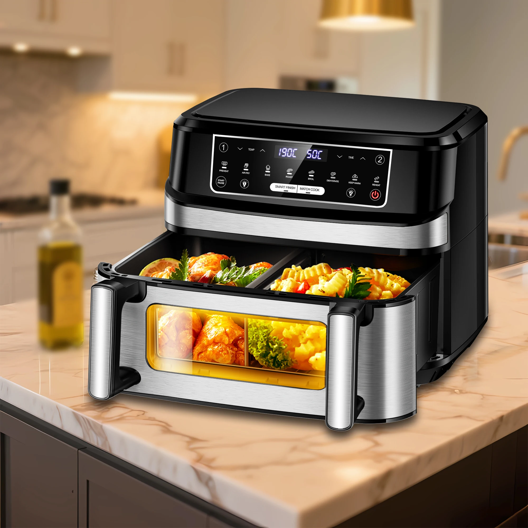 12-Liter-Heißluftfritteuse, ein- oder Doppelkammer, verstellbar, XXL-Airfryer mit 8 voreingestellten Programmen, mit Sichtfenster, Rezept im Lieferumfang enthalten