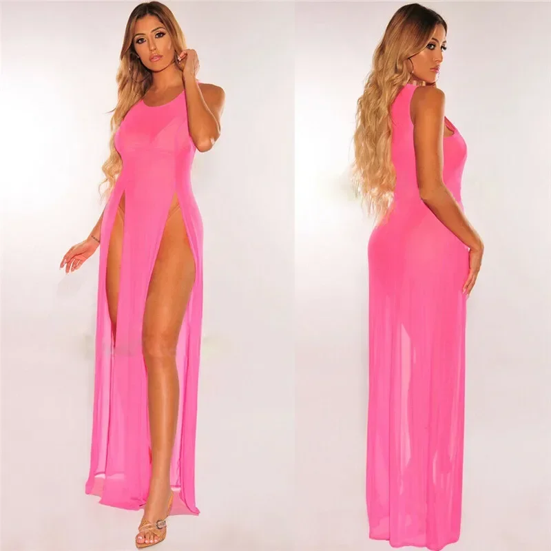 Sexy Mesh Sheer Long Dress for Women Ladies Bikini Cover Up Beach Sundress Solid See-through Sleeveless Strap Bathing Suit