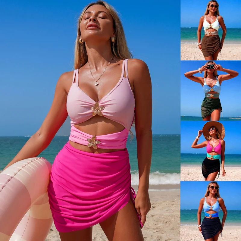 Cut Out One Piece Women Swimsuit With Skort Spaghetti Strap Bathing Suit V Neck Swimwear Color Block Beach Wear
