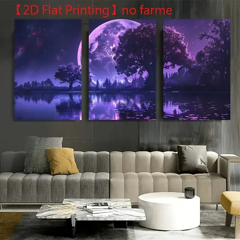 3pcs Large Purple Moon & Night Sky Canvas Wall Art Set - Modern Unframed Triptych Prints with Deep Violet & Navy Hues, 2D Flat P