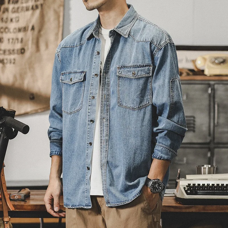 Light Blue Men's Denim Shirt Loose Fit Retro American Style Spring Autumn New Arrival Minimalist Jacket Trendy Casual Wear