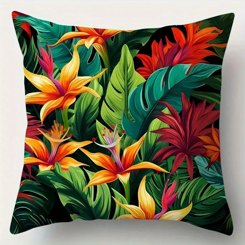 4Pcs Tropical Flower Pillow Covers 40x40cm Double-sided Printed Bird of Paradise Hibiscus Cushion Cases Exotic Decor No Insert