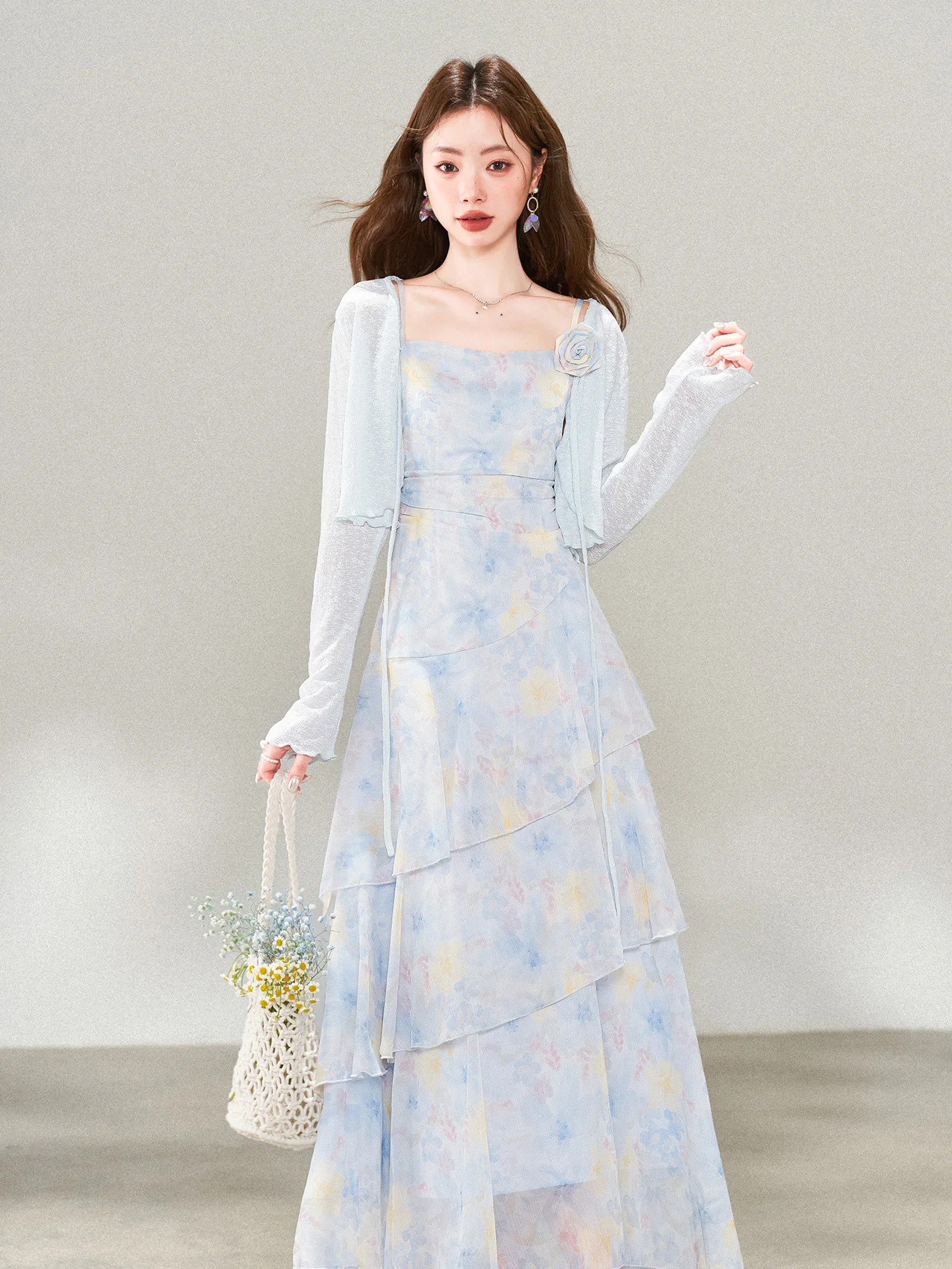 

Новое женское платье с цветочным принтом для чаепития, весна-осень, с завышенной талией, приталенное, А-силуэт, с длинным рукавом, на молнии