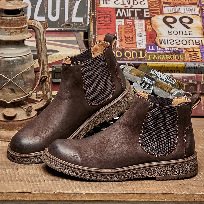 Vintage Cow Sude Mens Chelsea Boots Handamade Quality Genuine Leather 2026 British Style Elegant Ankle Wedding Social Shoes Man