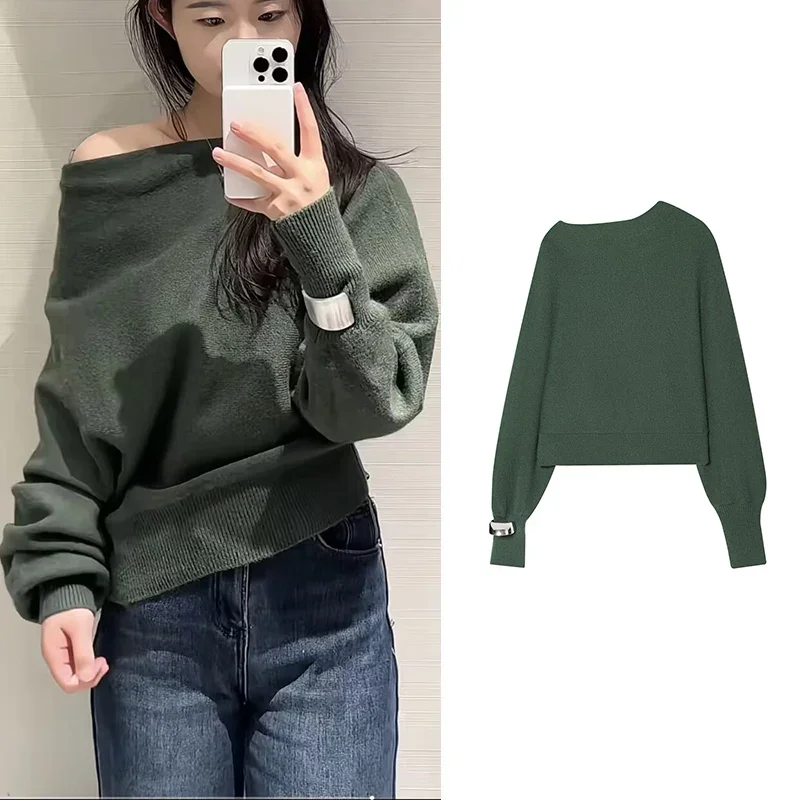 

Женский вязаный свитер с асимметричным воротником, осень-зима, браслет-манжета с длинными рукавами, повседневные модные шикарные пуловеры, женские топы
