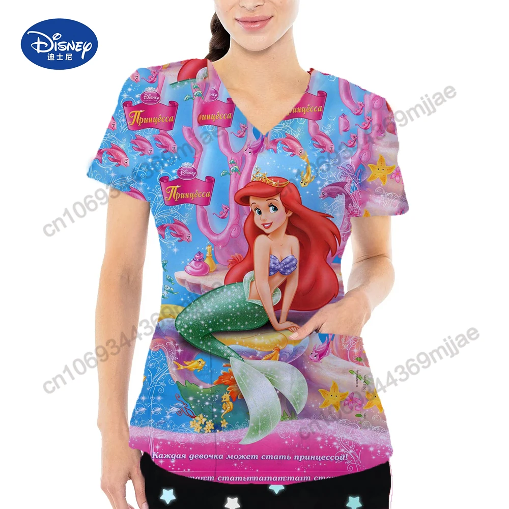 Uniforme d'infirmière à col en V pour femmes, t-shirt Disney, chemisier à la mode coréenne, t-shirt à poches pour femmes, Yk2, 2023