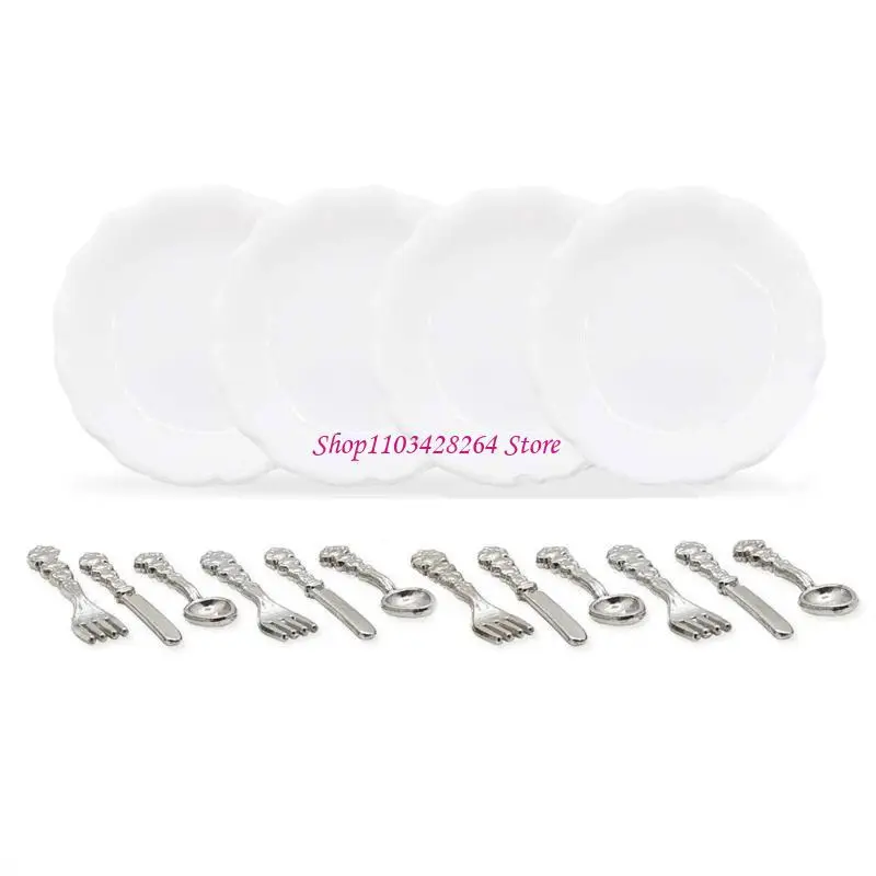 

4Set Miniature Dollhouses Tableware Set for 1/12 Scale Dollhouses with Plates and Cutlery Set Dollhouses Decoration