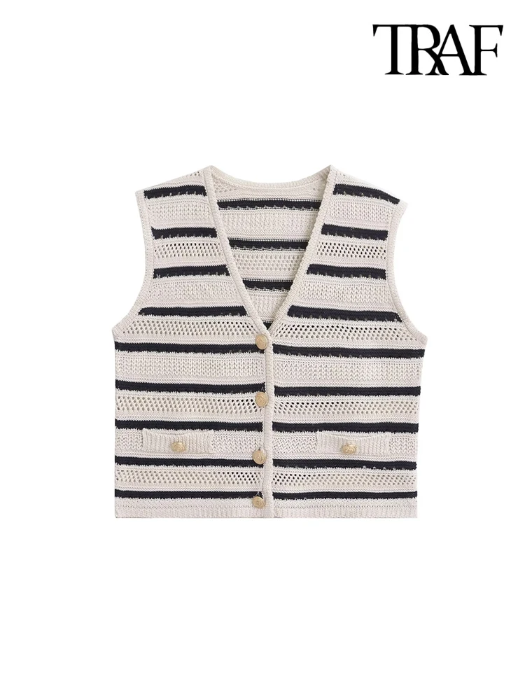 TRAF-Women\'s Striped Knit Vest, V-Neck Sweater, Sleeveless, Button-up, Female Waistcoat, Chic Tops, Fashion