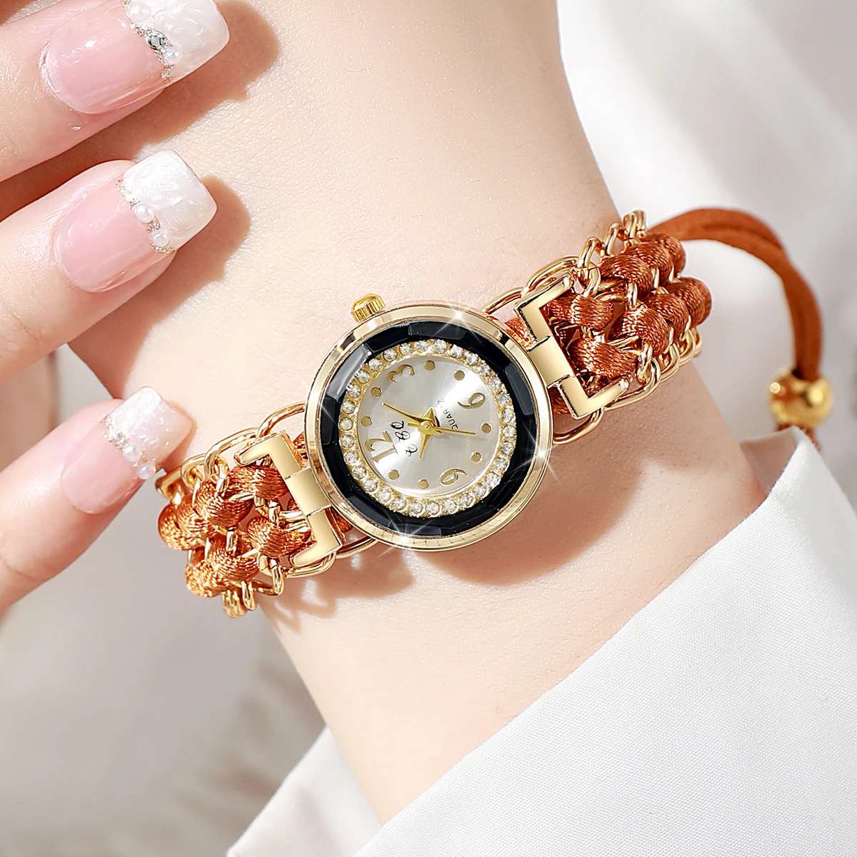 Women\'s Watch Fashion Rhinestone Braided Rope Bracelet Quartz Watches