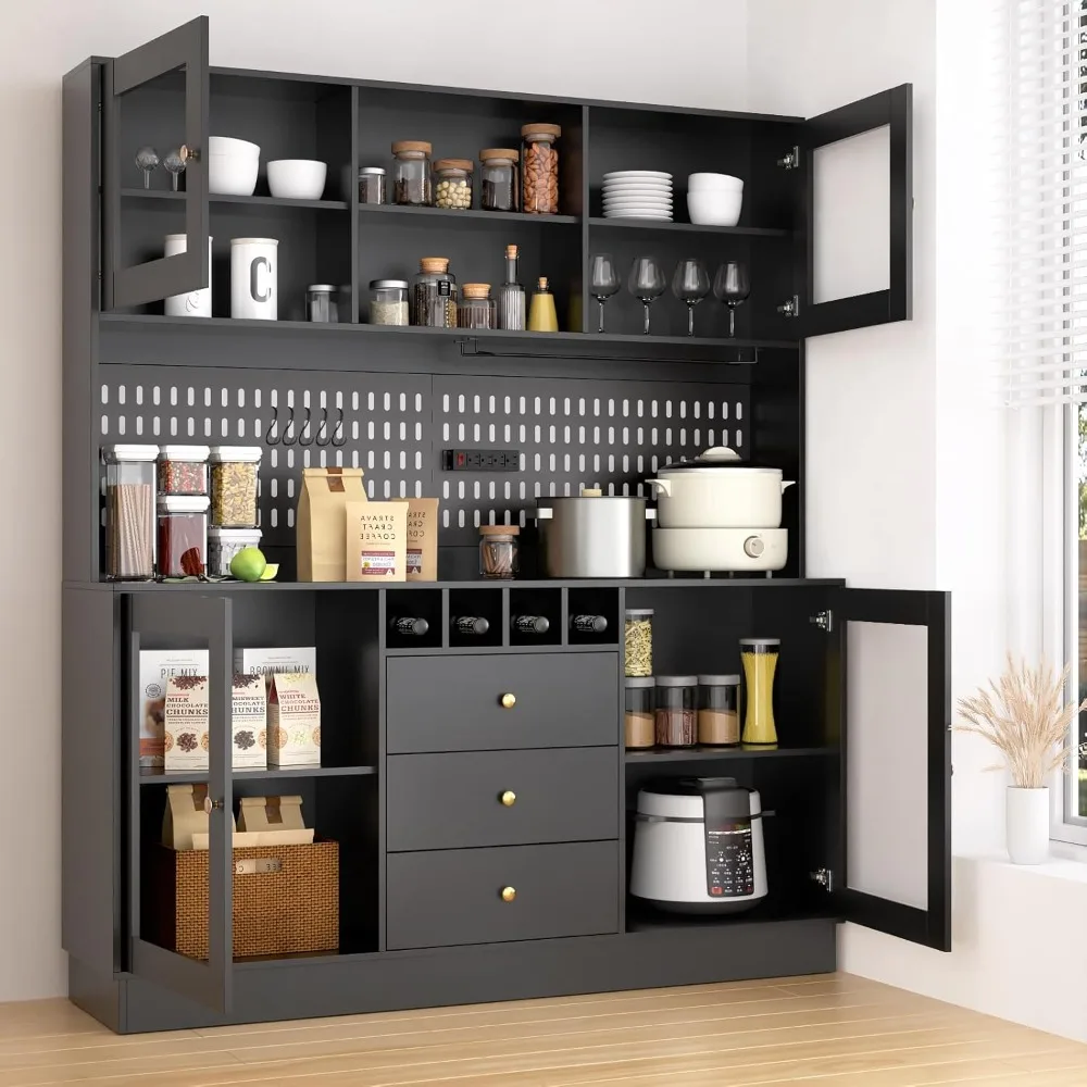 Armadietto da cucina alto 75 pollici con portaoggetti per dispensa, buffet indipendente, pannello forato, portabicchieri, presa di corrente e 4 ante