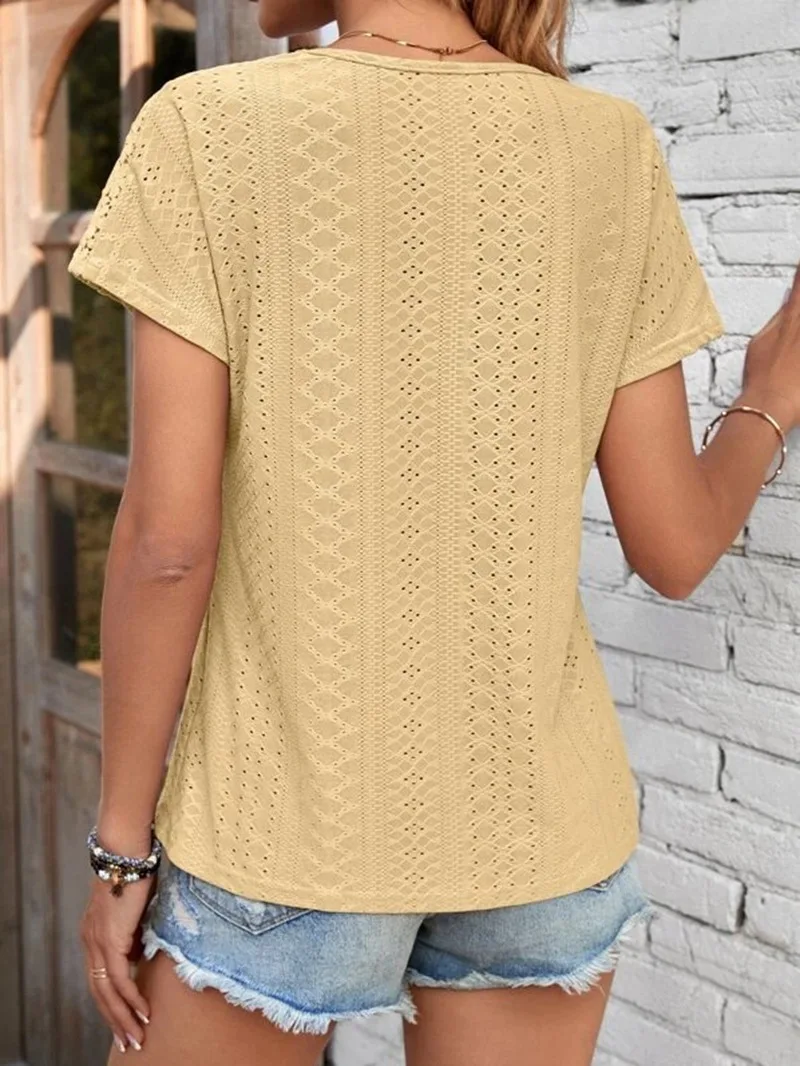 Blusa informal De manga corta con cuello en V para Mujer, con agujeros Camisa lisa, elegante, a la moda, novedad De verano, 2023