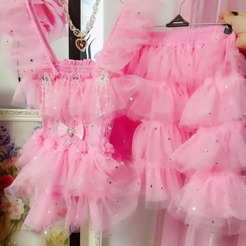 

Топ женский комплект из 2 предметов Розовый укороченный топ для девочек Милая многослойная юбка с оборками Платье принцессы с бантом Кружевная пачка из сетчатой пряжи Платье для дня рождения