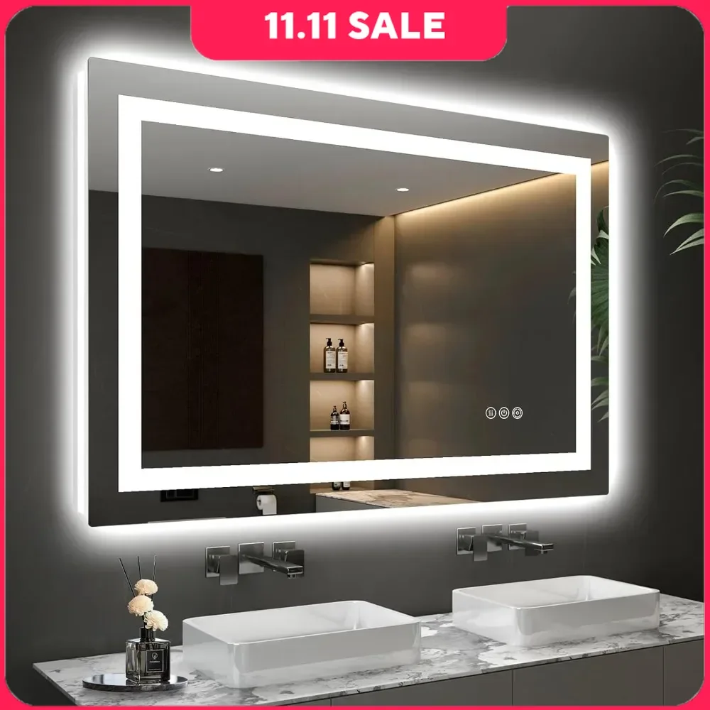 

40x28 Bathroom Mirror, Front and Backlit Lighted Mirrors, 3 Colors and Stepless Dimmable, Anti-Fog, LED Vanity Mirror