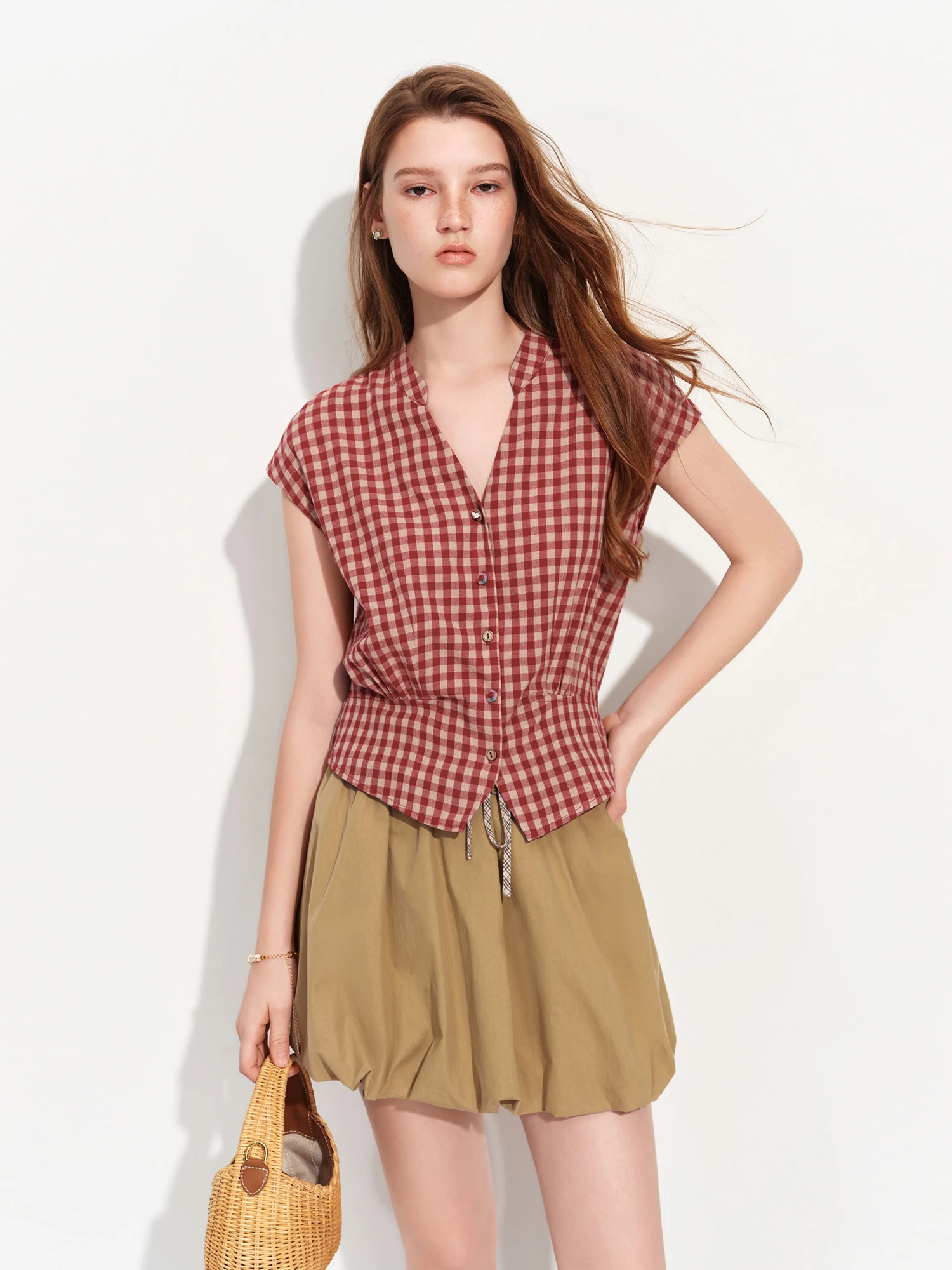 FSLE 2026 Summer Women's Linen V-Neck Cap Sleeve Blouse with Plaid Print and Waist-Defining Fit - Casual Style for Daily Wear