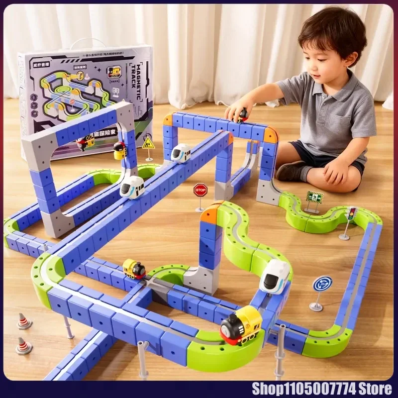 Coche magnético STEM Racing Car Rail Track Set 2025 - Tren motorizado Montessori y laberinto por gravedad, juguete, regalo educativo para niños