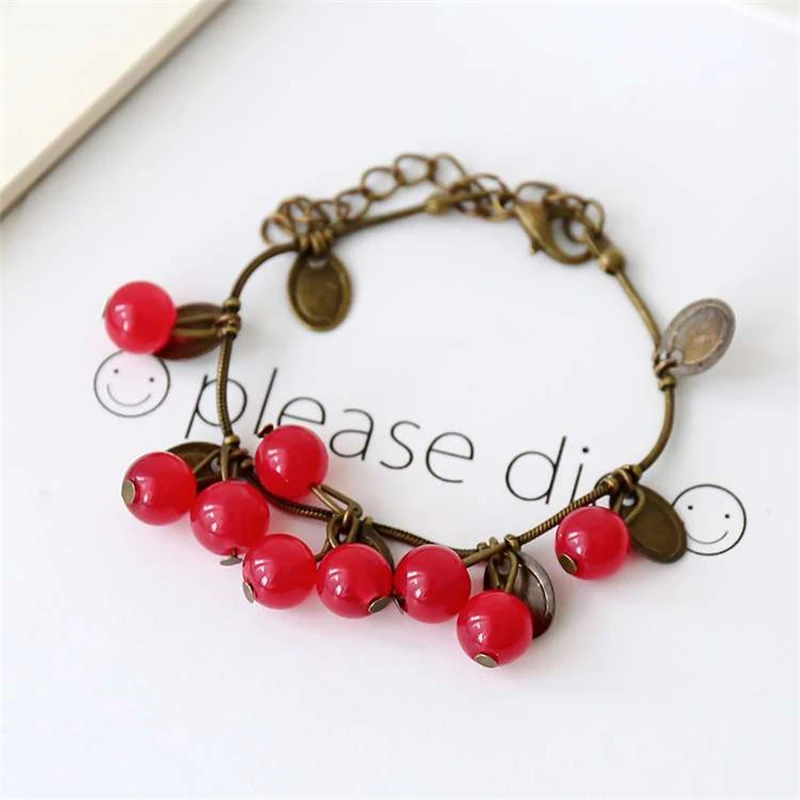 Sweet Cherry Girls Bracelets Antique Color Chain Coin Pendants Female Bangle Vintage Boho Bracelets Summer pulseras mujer