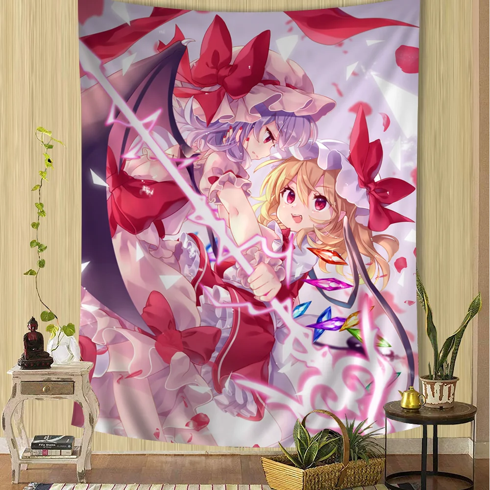 Touhou Project Flandre Scarlet Wandteppich – Anime Wandteppich Tarot Hippie Wandteppiche Wohnheim Wandbehang Blätter DIY Wand für Schlafzimmer