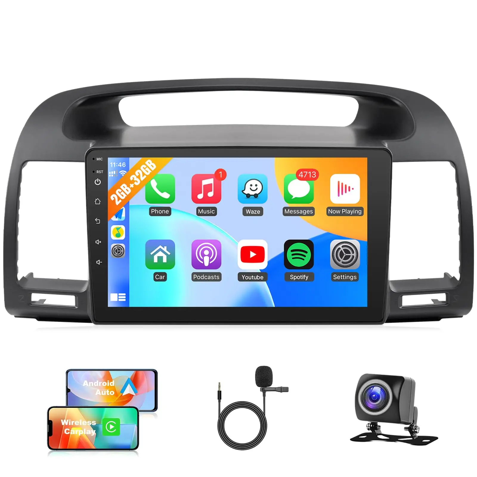شاشة لمس IPS مقاس 9 بوصة لسيارة Toyota Camry (إصدار غير J.B.L) ستيريو 2002-2006 مع Carplay Android Auto/FM/Bluetooth/GPS/WiFi/MIC