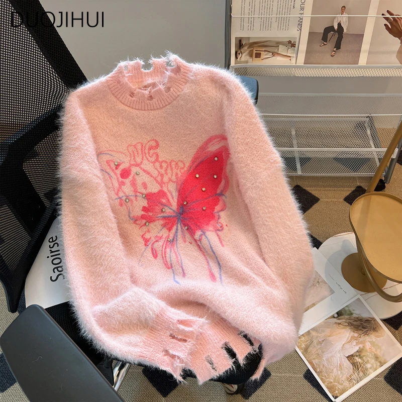 DUOJIHUI Irregular Chic Butterfly Basic O-neck Female Pullovers Autumn Fashion Simple Solid Color Casual Sweater Women Pullovers