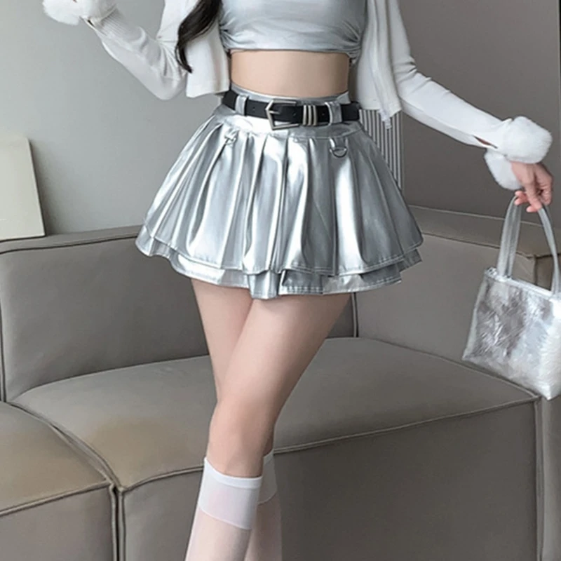 Elegant Pleated Mini Skirt With Belt For Women Comfortable Breathable Fabric Short Dress Metallic PU Skirts