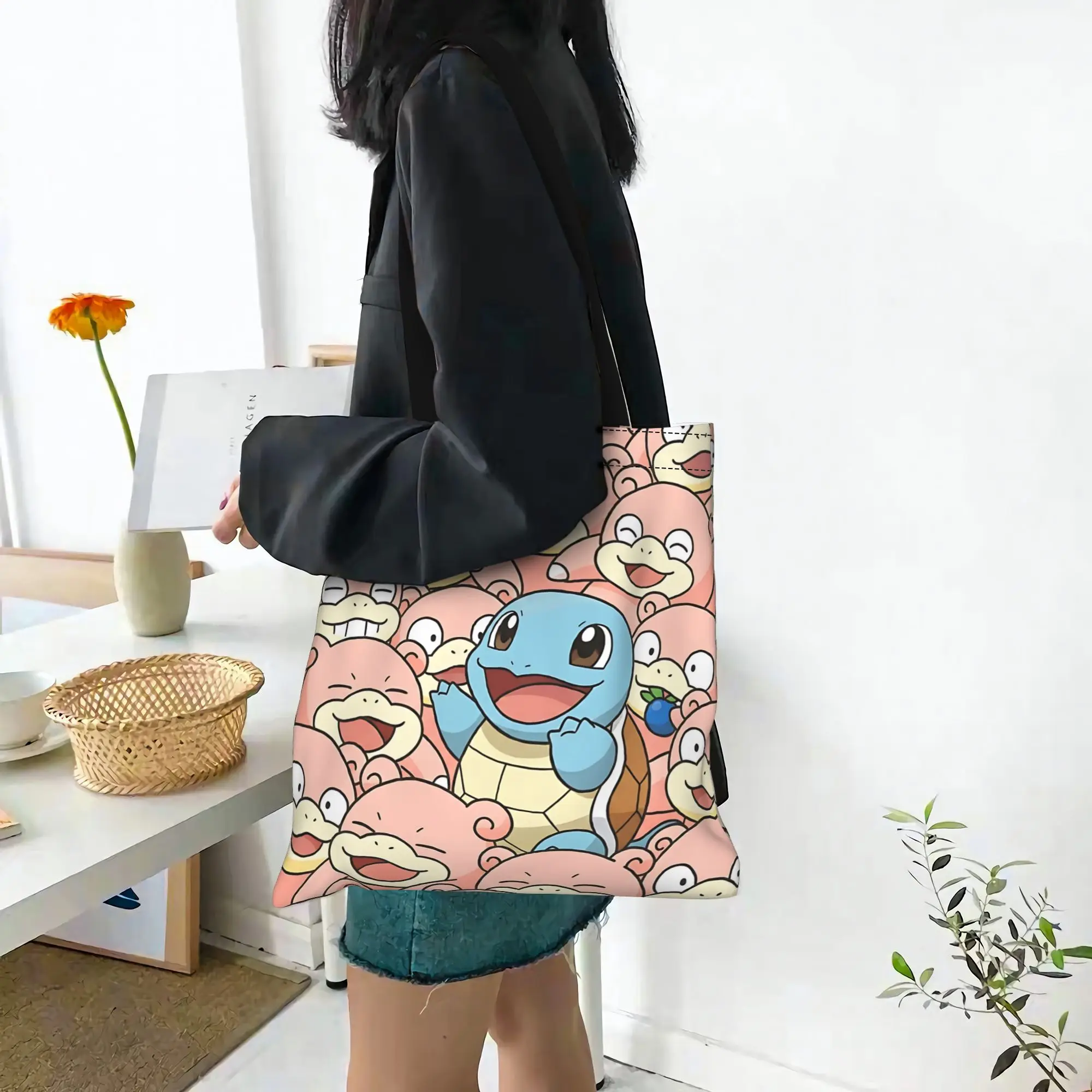 Customized Cartoon Pokemon Theme Women's Bag Shopping Bag Reusable Double Sided Canvas Tote Bag Shoulder  Handbag
