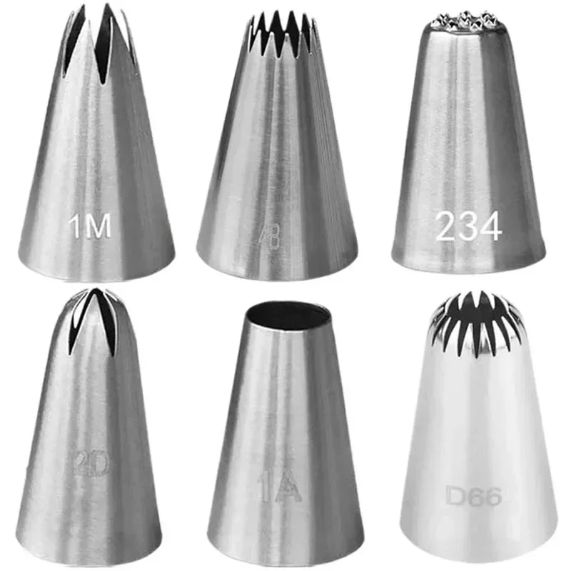 6Pcs/Set Stainless Steel Rose Pastry Nozzles Icing Piping Tips For Cake Decorating Fondant Cream Nozzle #1M 1A 2D 4B D66 234