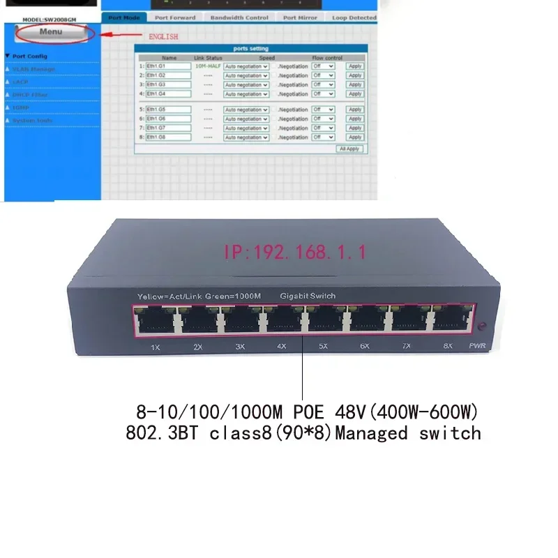 Conmutador administrado de 8 puertos 10/100/1000M POE 48V(400W-600W) 802.3BT clase8(90W.8)
