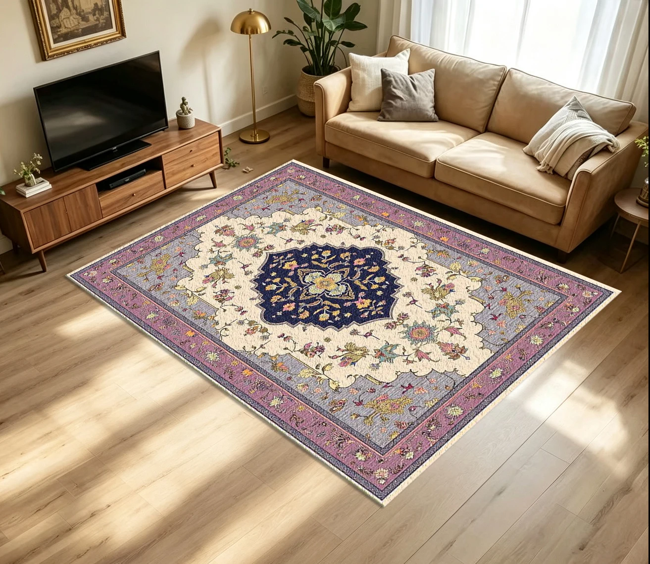 Retro Purple Beige Persian Medallion Carpet Flooring Vintage Oriental Floral Bird Motif Printed Floor Rug for Household Room Home Art Decor