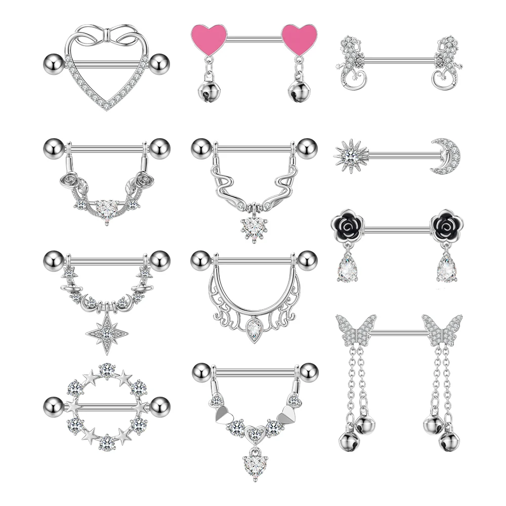 2pcs Mixed-style Butterfly Dangled Nipple Ring 14G Stainless Both Sides Screwed Shield Barbell Women Fashion Nipple Piercings