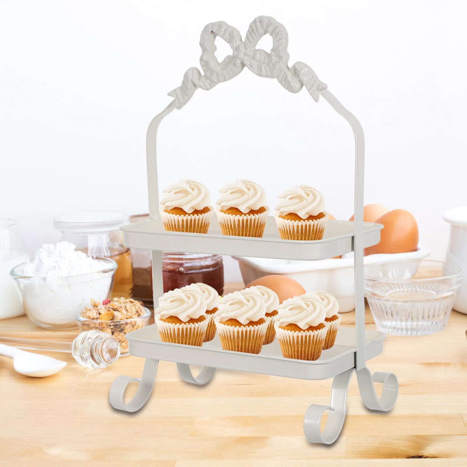 

Rustic Metal 2 Tier Cupcake Tray Stand Vintage Dessert Rack Bathroom Vanity Skincare Organizer 14.8x8.7x6.9 Inch Rectangle Fruit