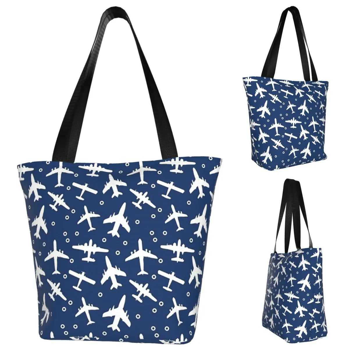 

Blue And White Aeroplanes Silhouette Pattern Shopping Tote Bag Canvas Large Capacity Shoulder Bags Shopper Grocery Handbag Women