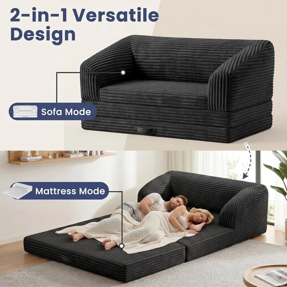 Convert Tri-Folding Sofa Bed, Thick Backrest & Carry Handle, Foldable Sleeper Sofa for Living & Guest Rooms, Soft Corduroy view 4