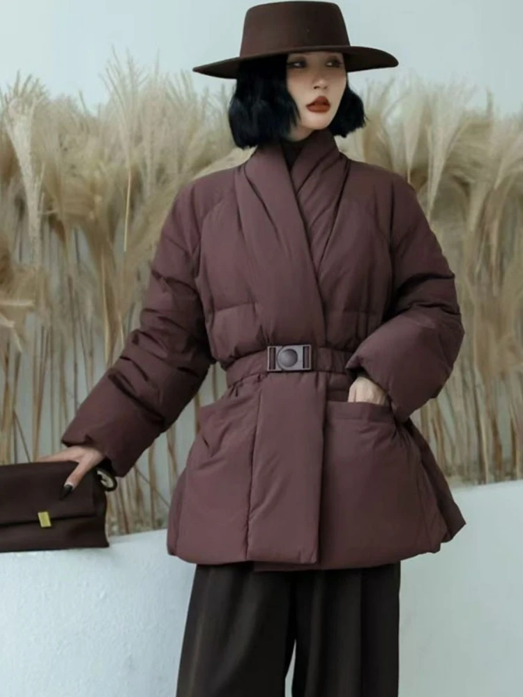 2025 New Down Jacket Winter Belt Waist-Tight Elegant Warm 90% White Duck Puffer Coat Female Mid-Length Solid Color V-Neck Parkas