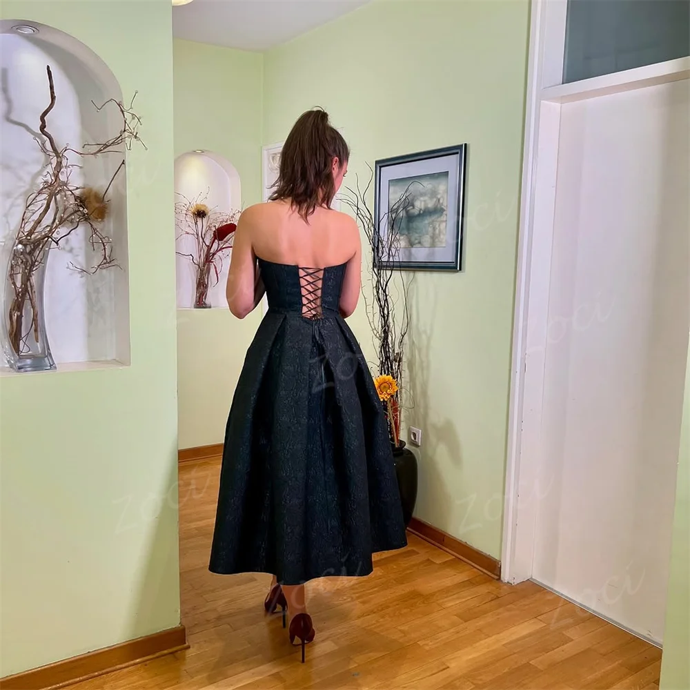 Zoci Sweetheart Printing Lace Black A Line Prom Dresses Customized Corset Evening Gowns Tea Length Formal Occasion Party Dress