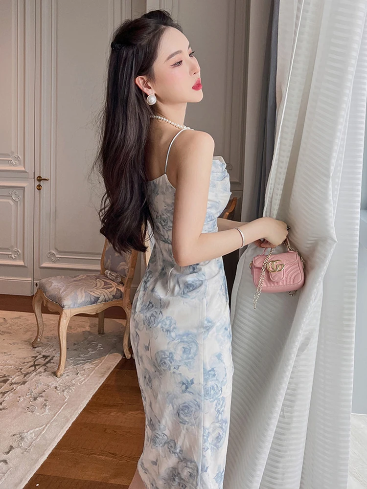 Women‘s French Holiday Dress Sweet Elegant Chiffon Satin Strap Backless Folds Slit Robe Femme Vacation Beach Party Vestidos Lady