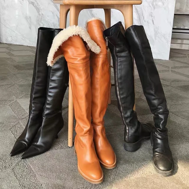 New Winter Black Genuine Leather Lamb Wool Over The Knee Boots Woman Round Toe Slip On Tube Warming Fur Long Thigh Boots AliExpress