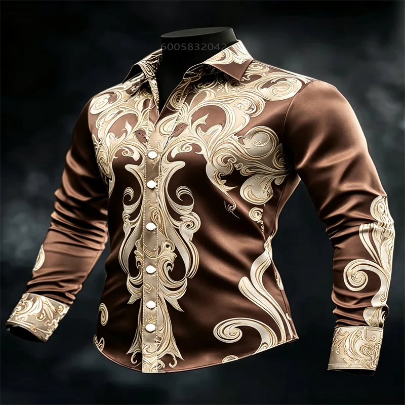 Luxury Baroque Scroll Floral Print Men Satin Long Sleeve Shirt Button‑Down Turn‑Down Collar Male Business Party Casual Tops Blou