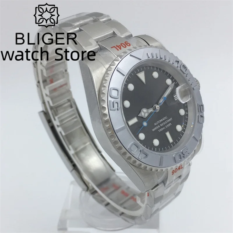 BLIGER40mm NH35 MIYOTA PT5000 Automatic Men's Watch Silver Bezel Sapphire glass Blue second hand gray dial middle polished strap