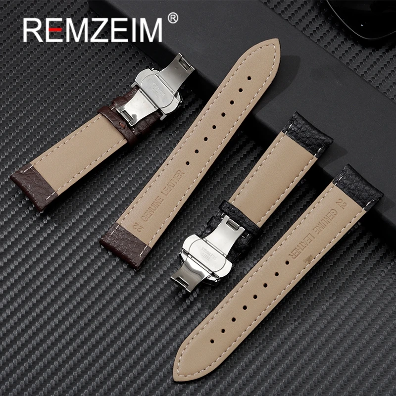 Litchi patterned Genuine Calfskin Leather Watchband 18mm 20mm 22mm Straps with Solid Automatic Butterfly Buckle Watch Band