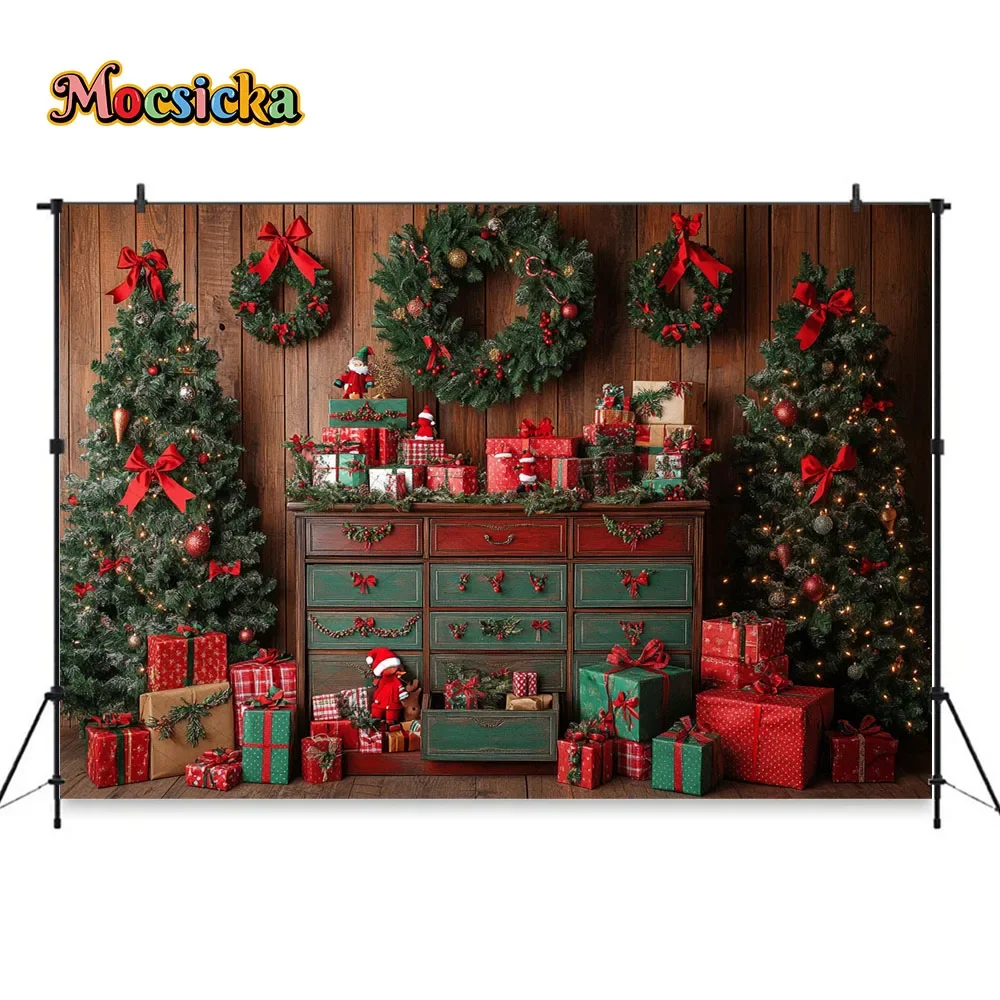 Christmas Elf Room Background Photography Xmas Tree Santa Claus Gift Cabinet Wreath Backdrop Winter Kid Birthday Photo Studio