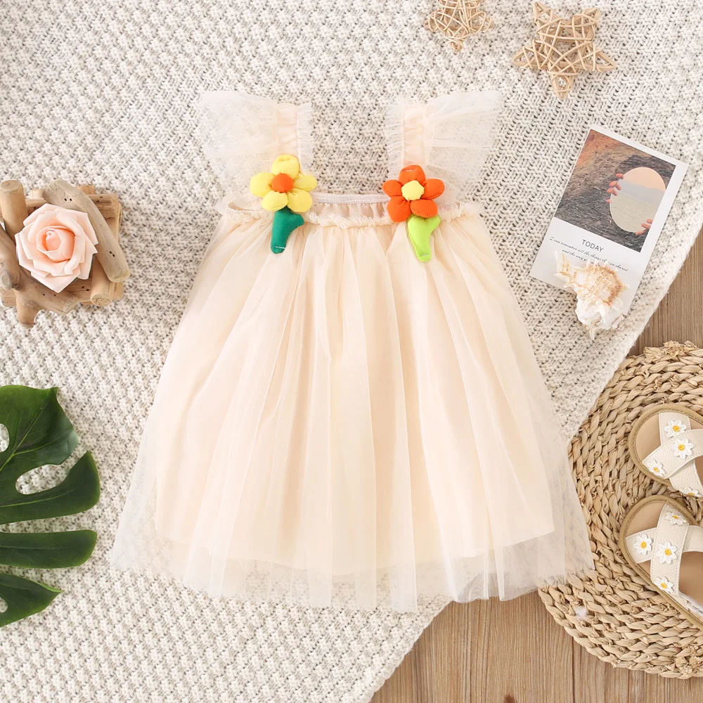 Summer Girls Cute Floral Decoration Dress Fresh Mesh Baby Girl Princess Full (0-3 Years Old)