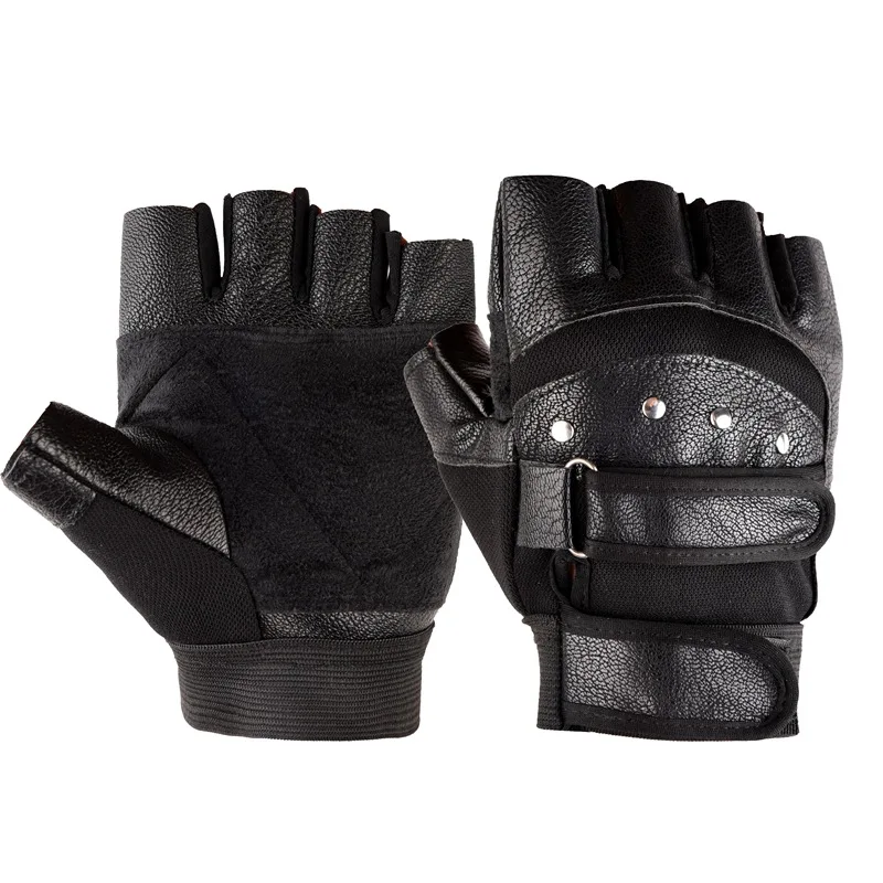 Men's Half Finger Leather Fitness Gloves Bike Sport Gloves Gym Exercise Men Black Rivets Punk Gloves G135