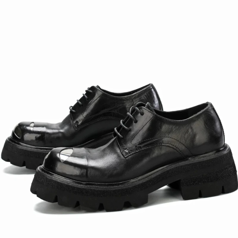 Europe/American Original Design Iron Toe Derby Shoes for Men's Upturned Toe Height Increasing Shoes Genuine Leather Dress Shoes