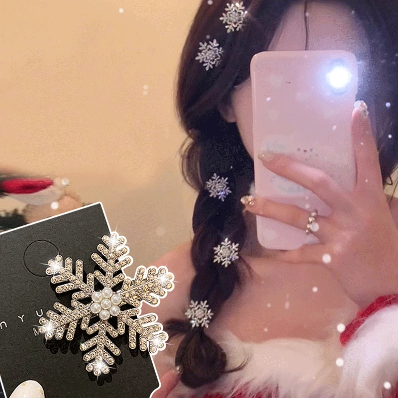 Snowflake Crystal Hair Clips Korean Women Shining Pearl Flower Hairpins Barrette Girls Wedding Exquisite Headwear Hair Jewelry