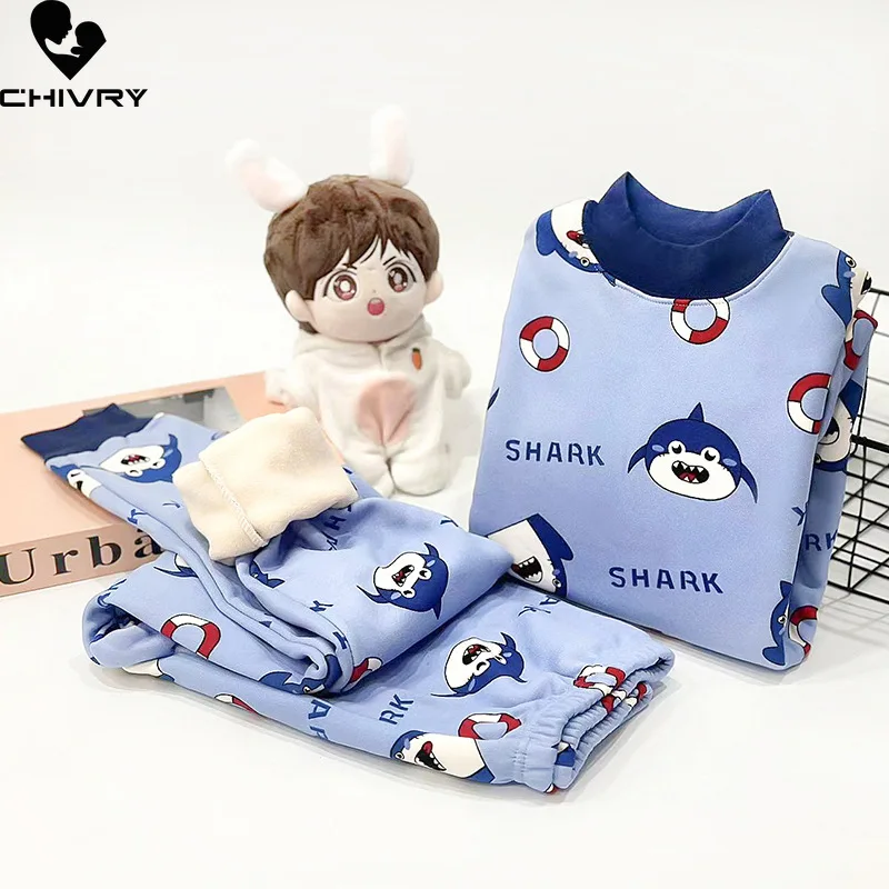 New Kids Autumn Winter Thicken Warm Pajamas Baby Cute Cartoon Bear Long Sleeve O-neck Sleepwear Boys Girls Casual Clothing Sets