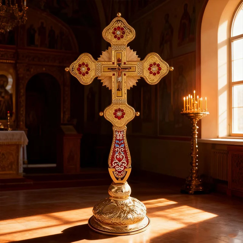 Vergoldetes Orthodoxes Standkreuz mit Emaille- und Kristalleinlage und Kruzifix-Ikone, Hochwertiges Kirchenaltar-Kreuz für Liturgie und spirituelle Zwecke – Detail 16